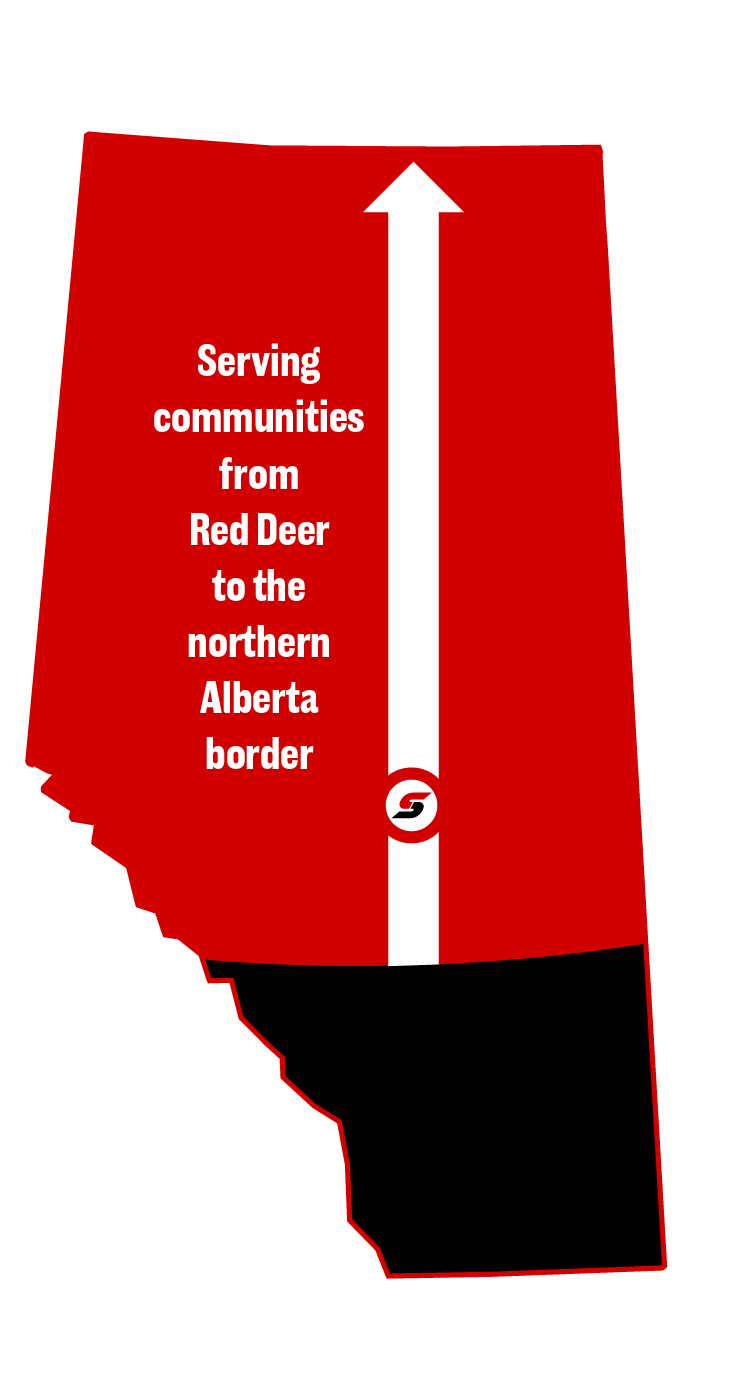 Map of Alberta showing Sport Central serving communities from Red Deer to the northern Alberta border.